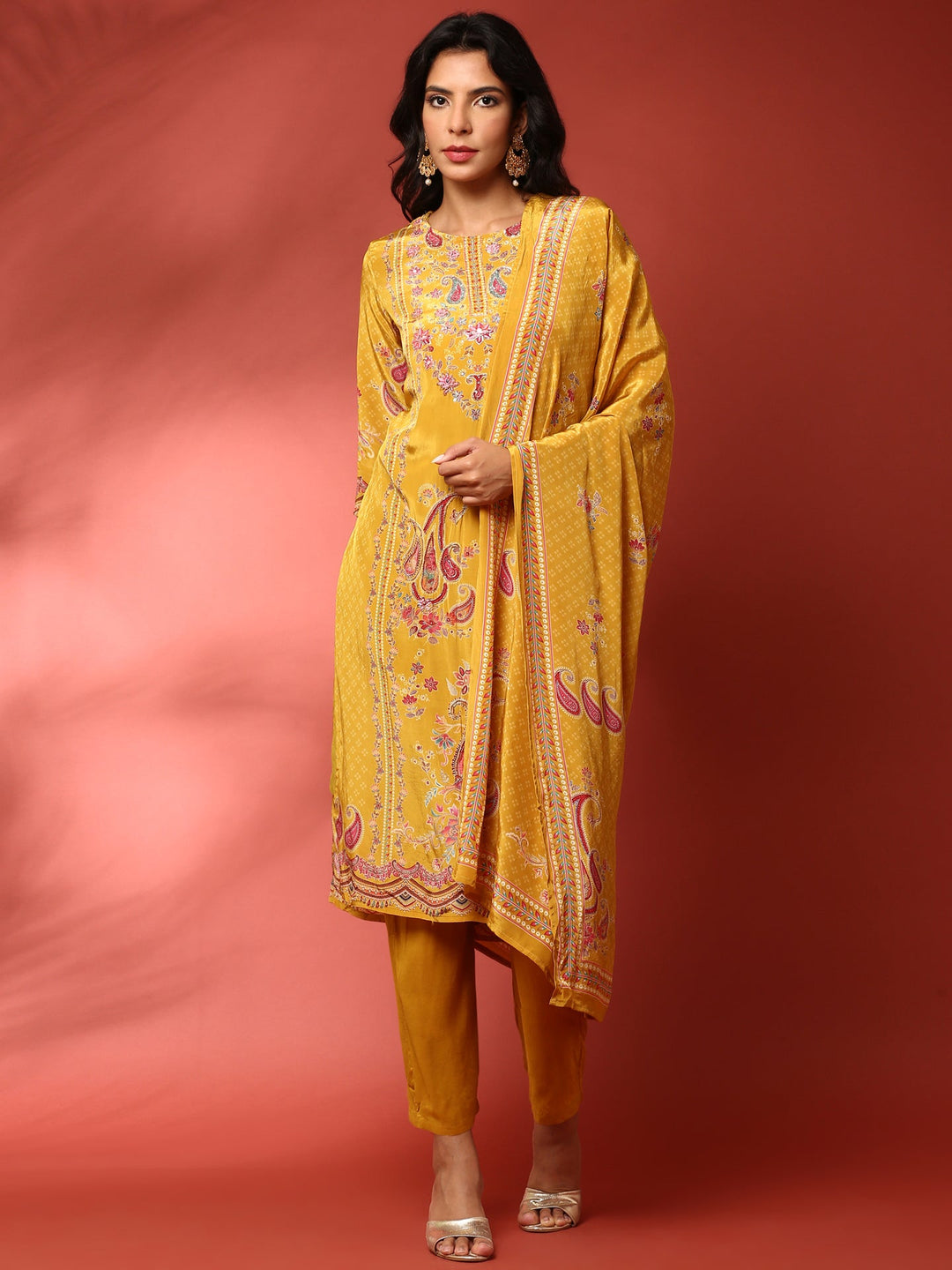 Neerus Yellow crepe embroidered suit set - back view