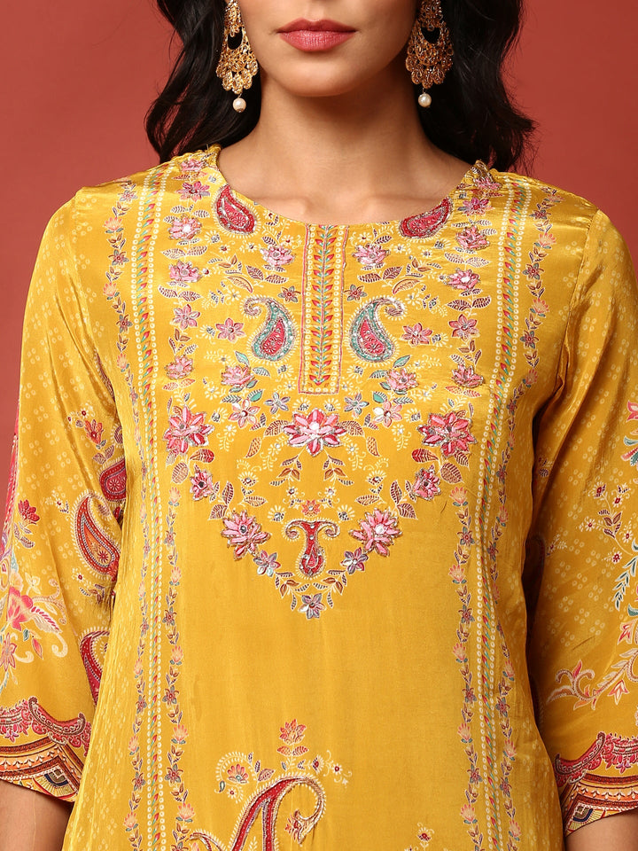 Mustard crepe embroided digital prited three piece suit set
