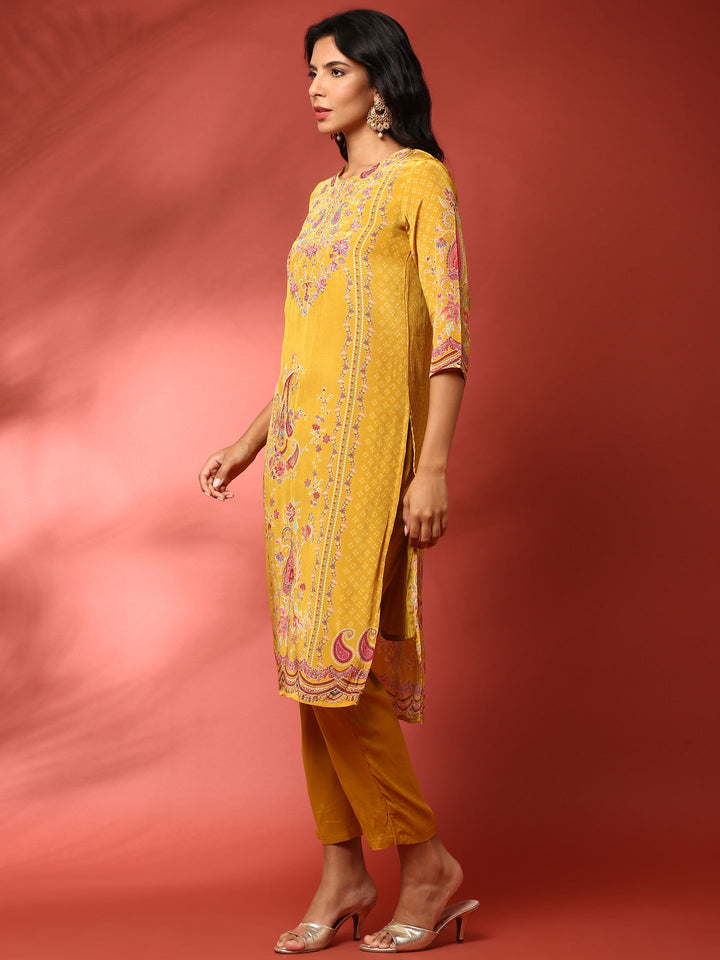 Neerus Yellow crepe embroidered suit set - side view