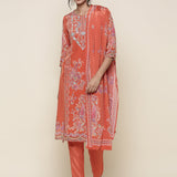 Burnt orange  Digital printed crepe Three piece suit set