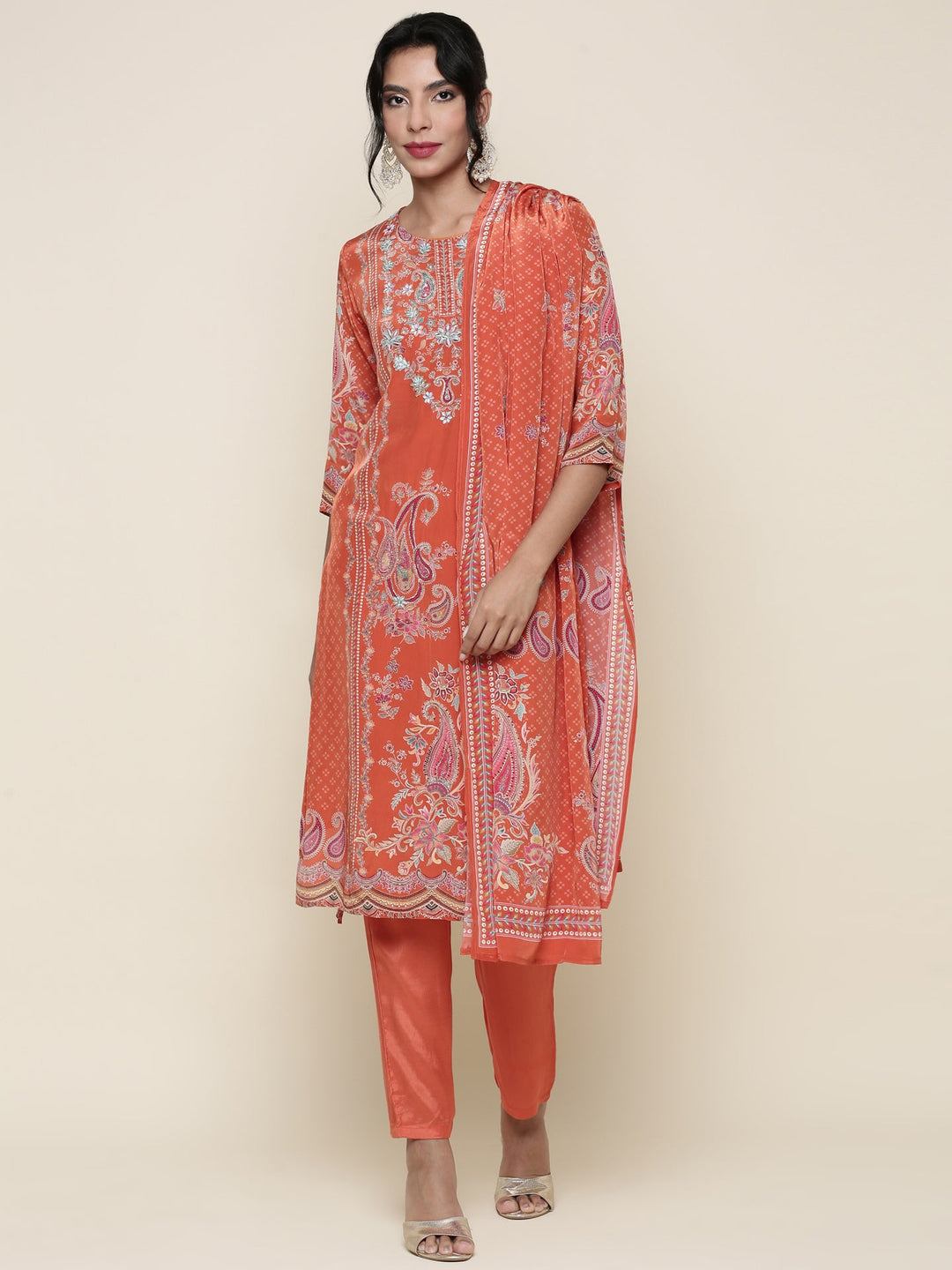 Neerus Orange crepe digital printed suit set - front view