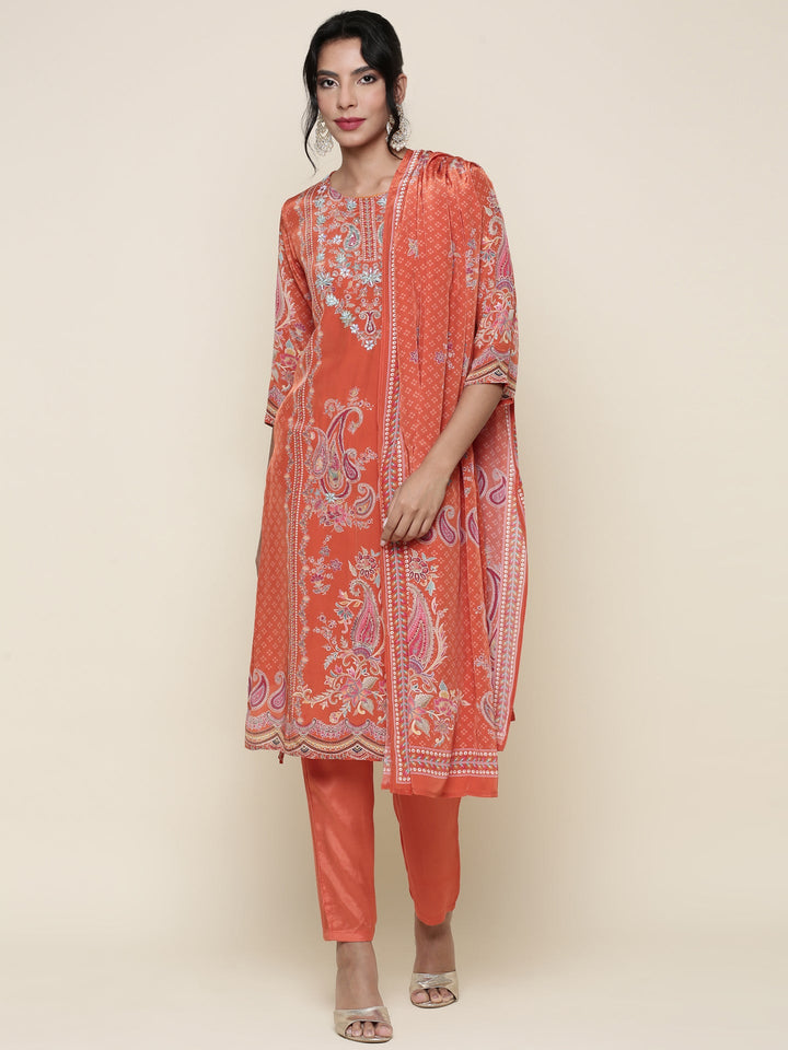 Neerus Orange crepe digital printed suit set - front view