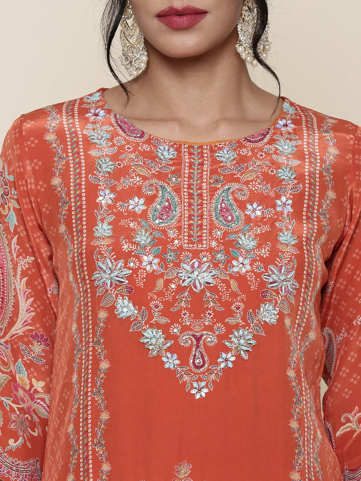 Neerus Orange crepe digital printed suit set - detail view 1