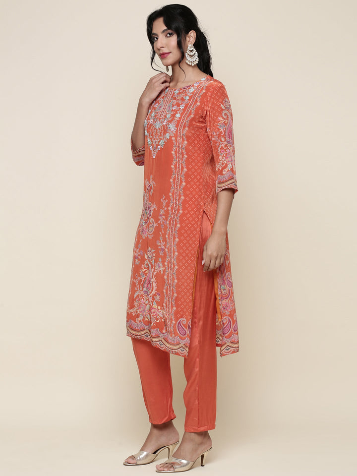 Neerus Orange crepe digital printed suit set - back view