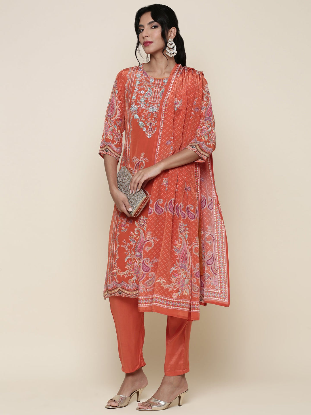 Neerus Orange crepe digital printed suit set - detail view 2