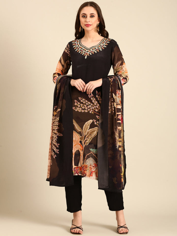 Brown crepe digital printed three piece suit set