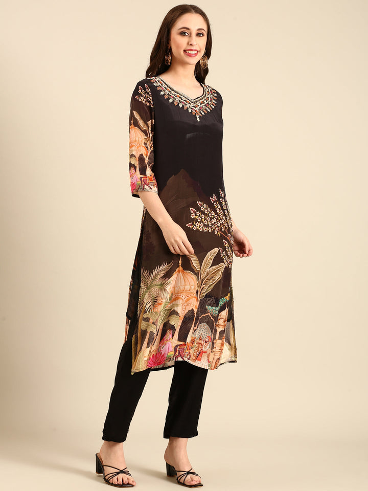 Neerus Brown crepe digital printed suit set - side view