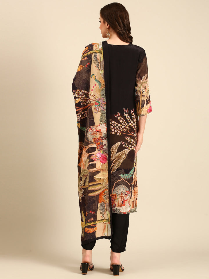 Neerus Brown crepe digital printed suit set - detail view 1