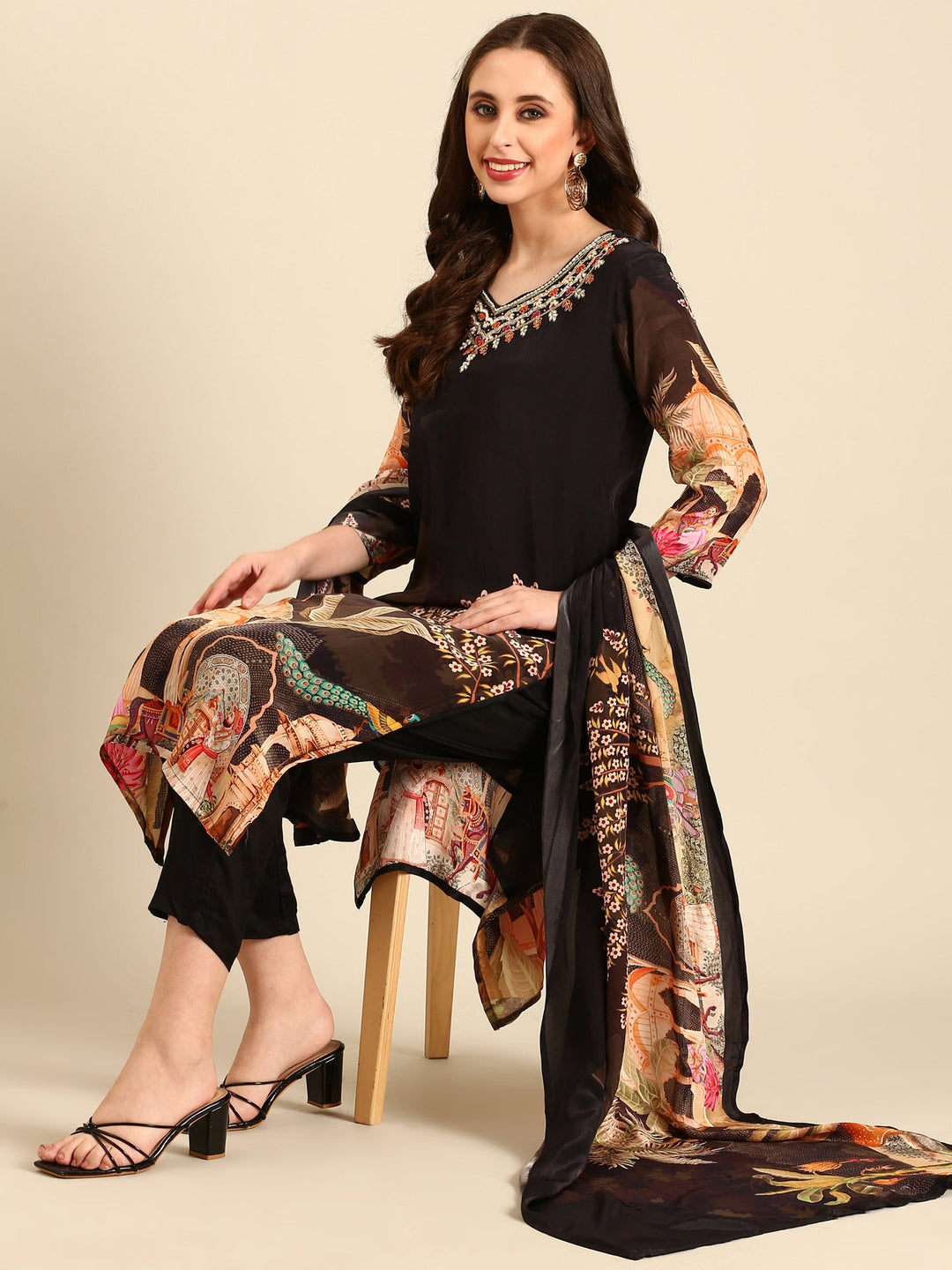 Neerus Brown crepe digital printed suit set - front view