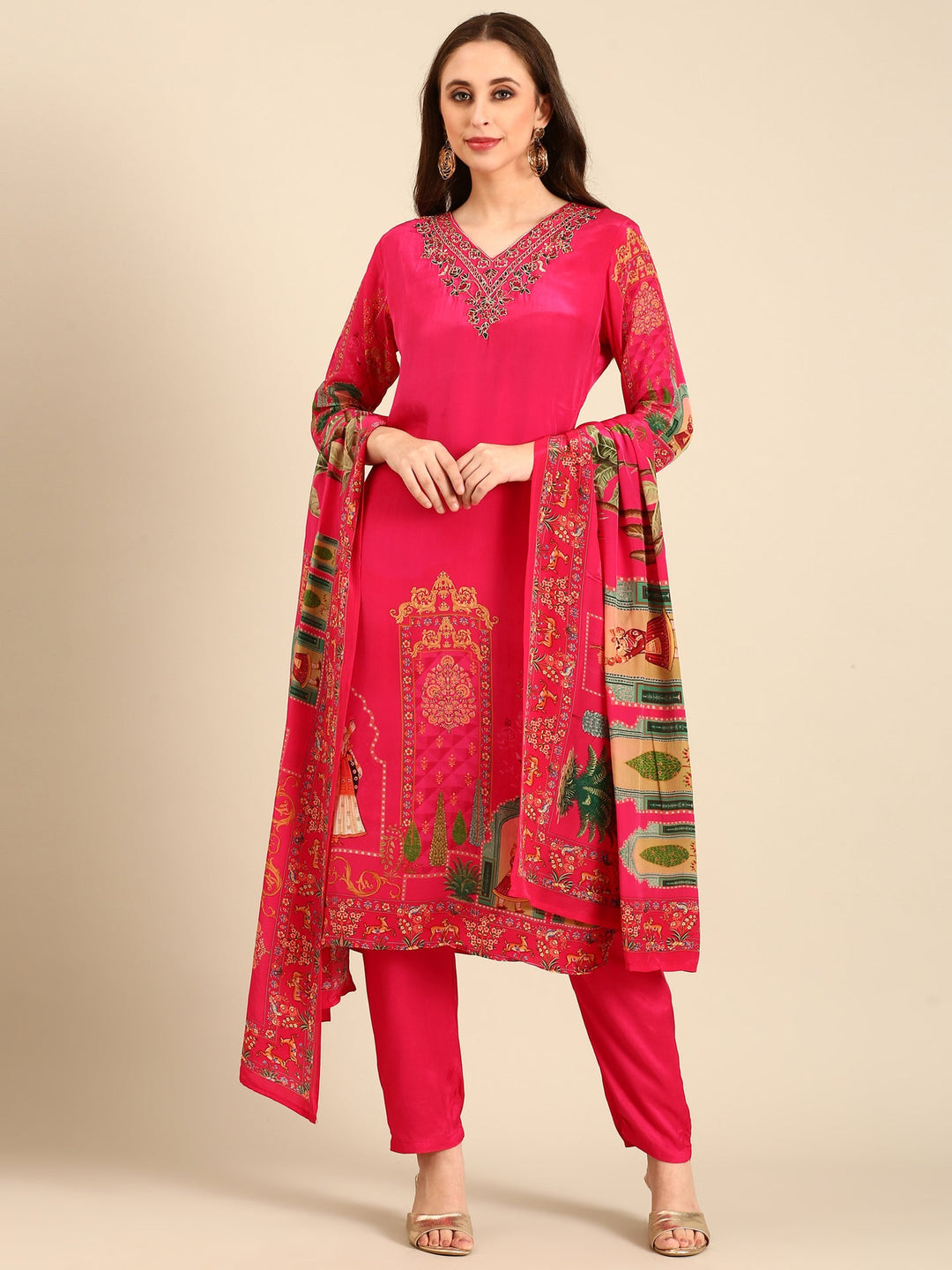 Neerus Pink rayon embellished suit set - detail view 3
