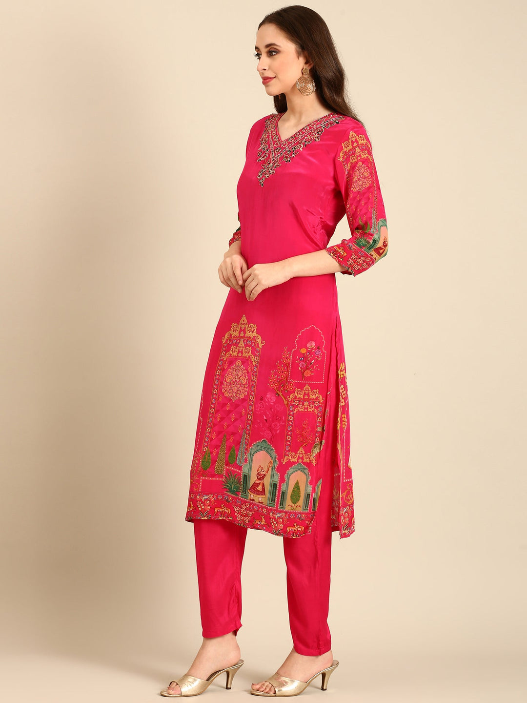 Neerus Pink rayon embellished suit set - side view