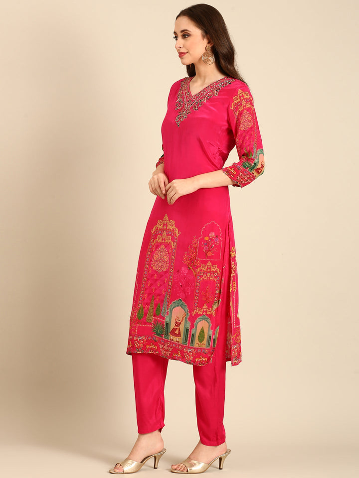 Neerus Pink rayon embellished suit set - side view