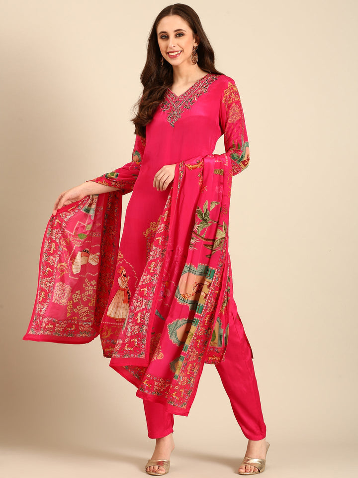 Neerus Pink rayon embellished suit set - front view
