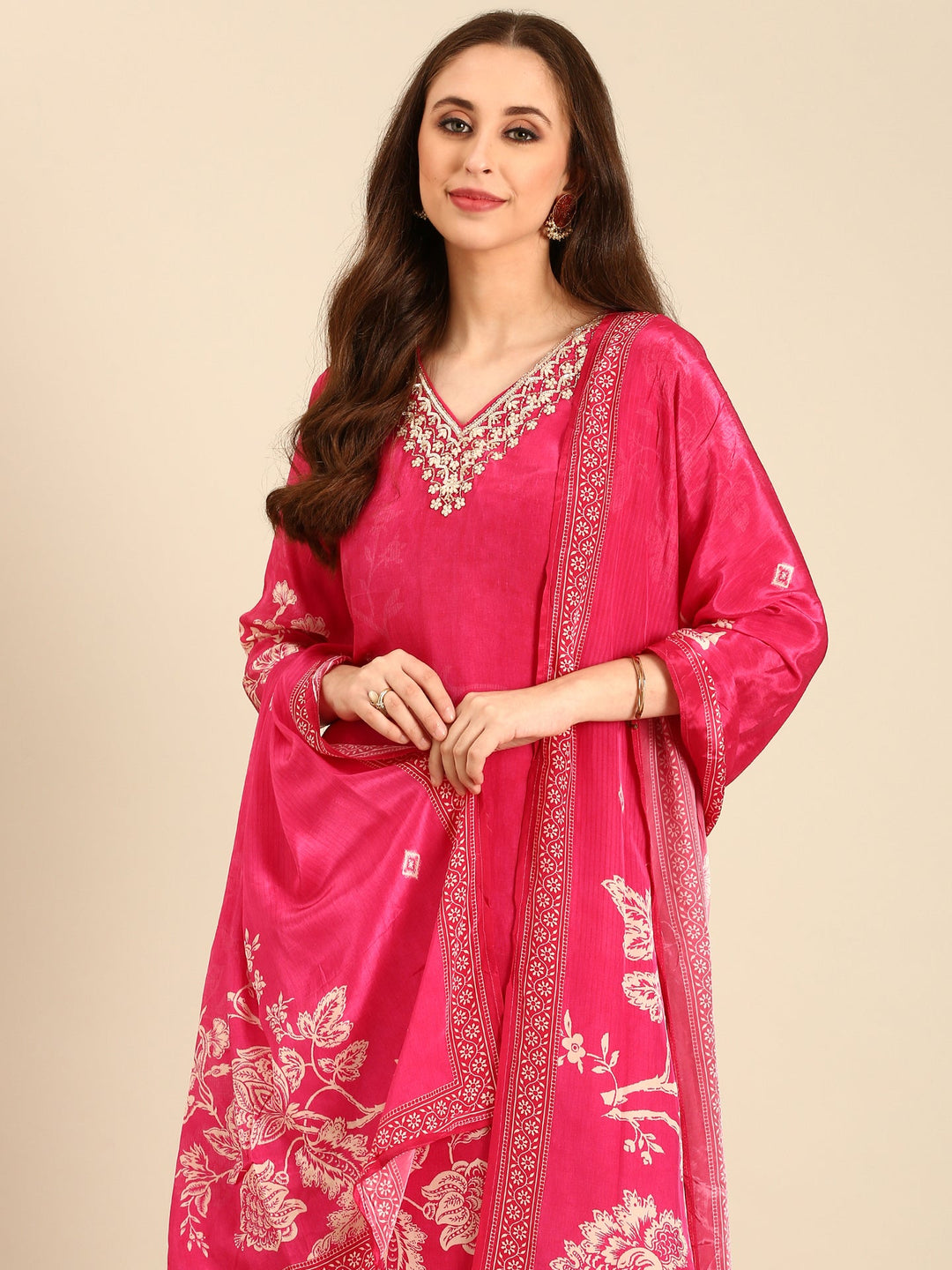 Neerus Pink crepe digital printed suit set - front view