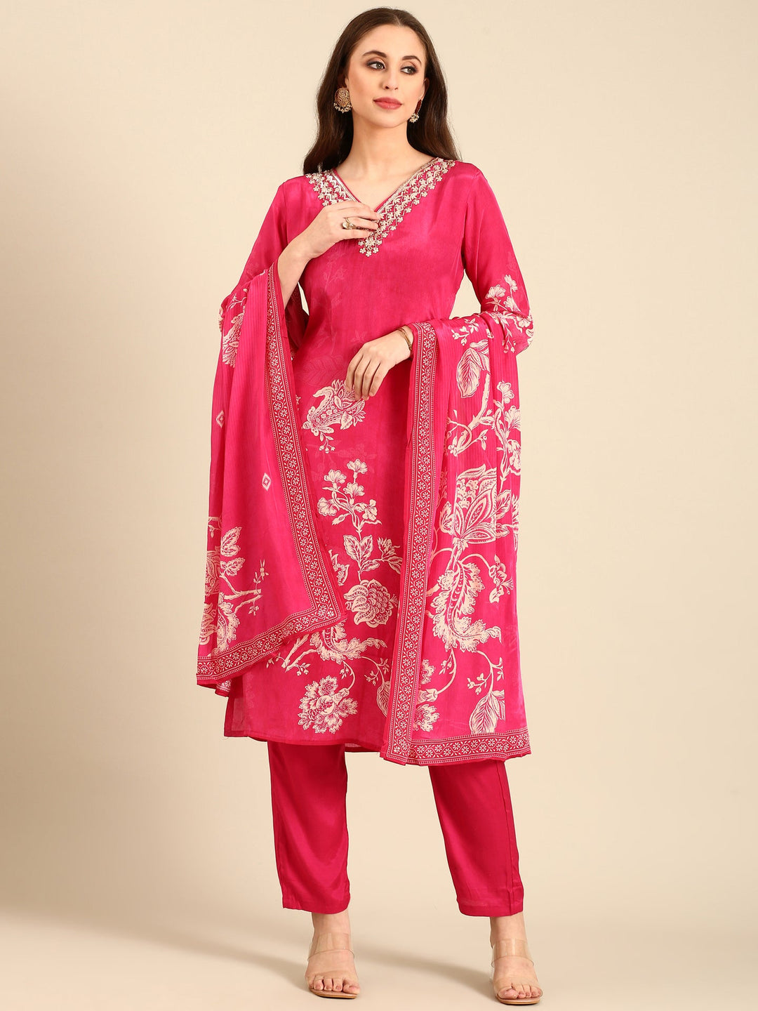 Neerus Pink crepe digital printed suit set - detail view 2