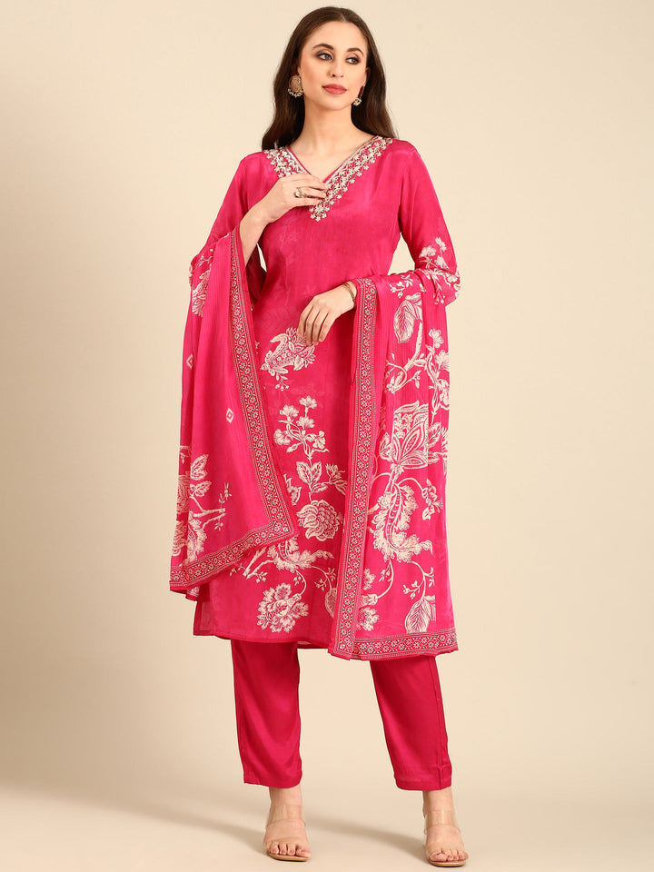 Pink Crepe Floral print three piece suit set