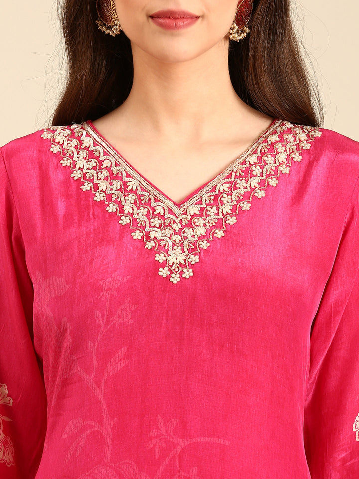 Pink Crepe Floral print three piece suit set