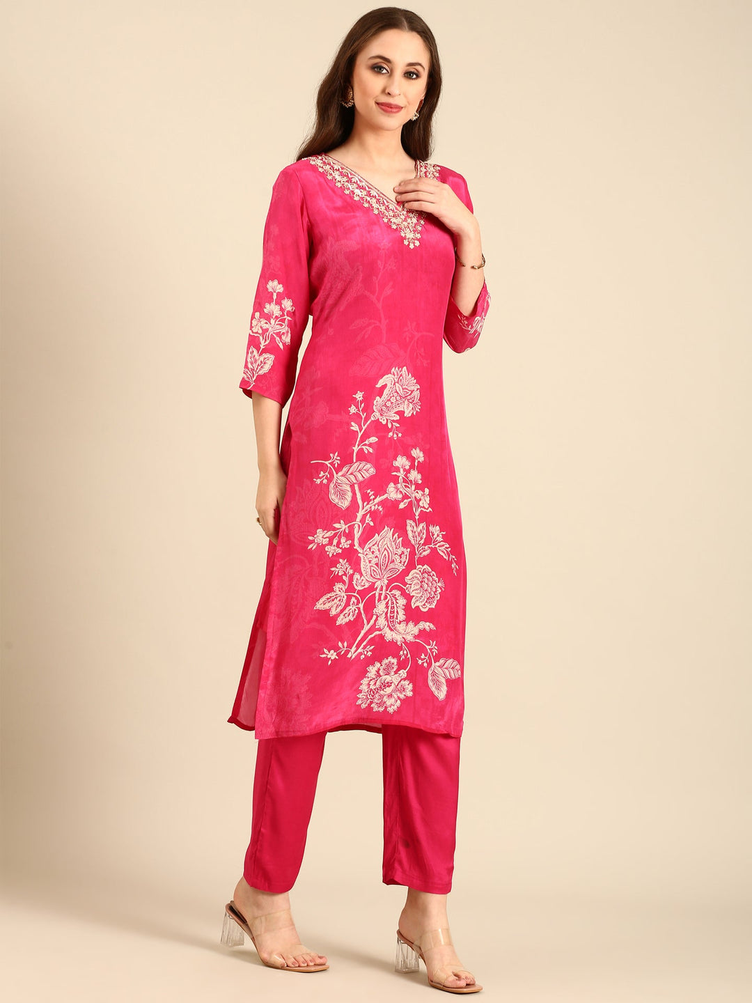 Neerus Pink crepe digital printed suit set - back view