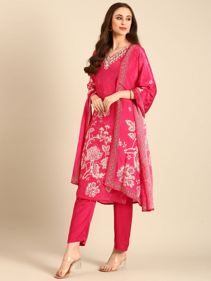 Pink Crepe Floral print three piece suit set