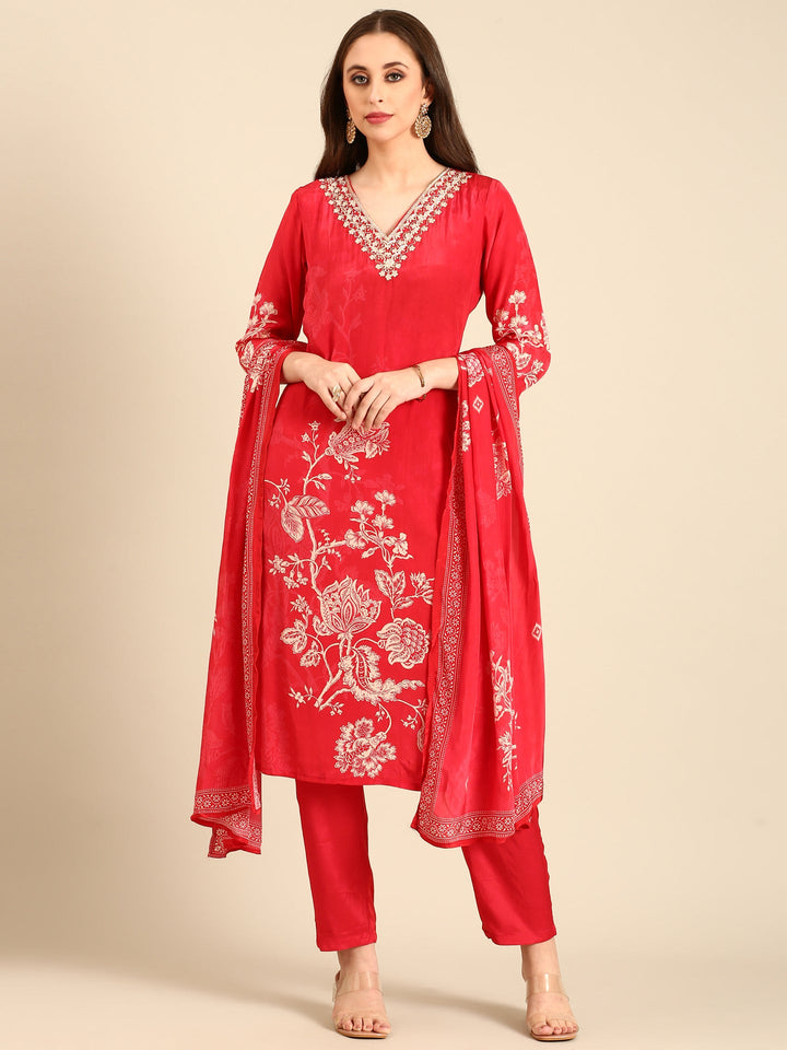 Neerus Red crepe embellished floral suit set - back view
