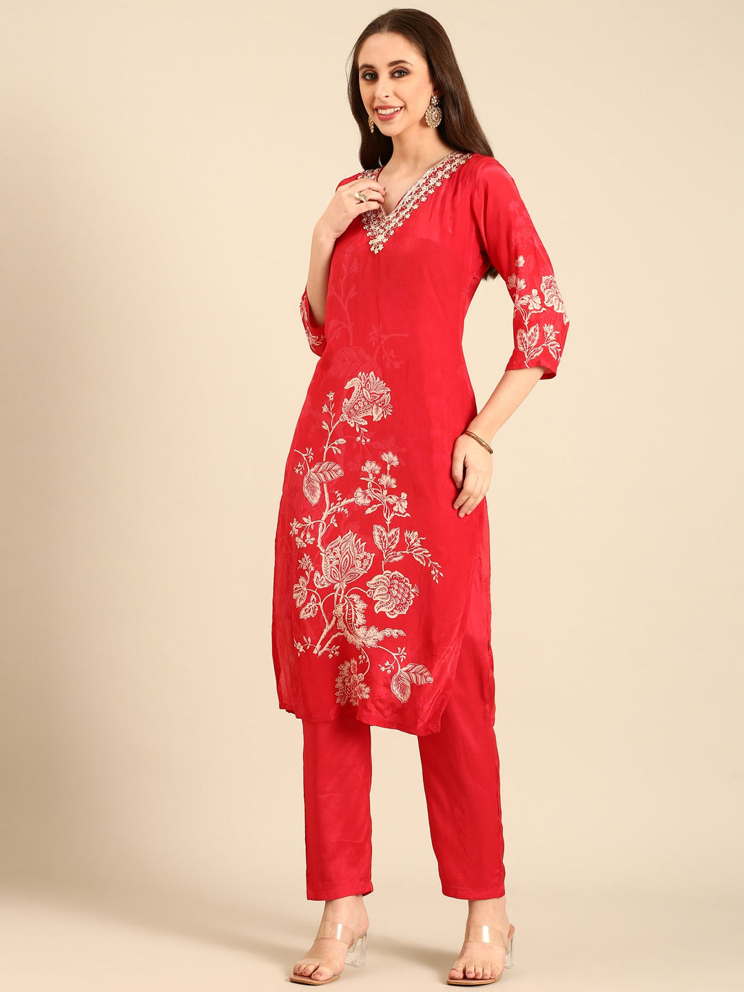 Neerus Red crepe embellished floral suit set - side view