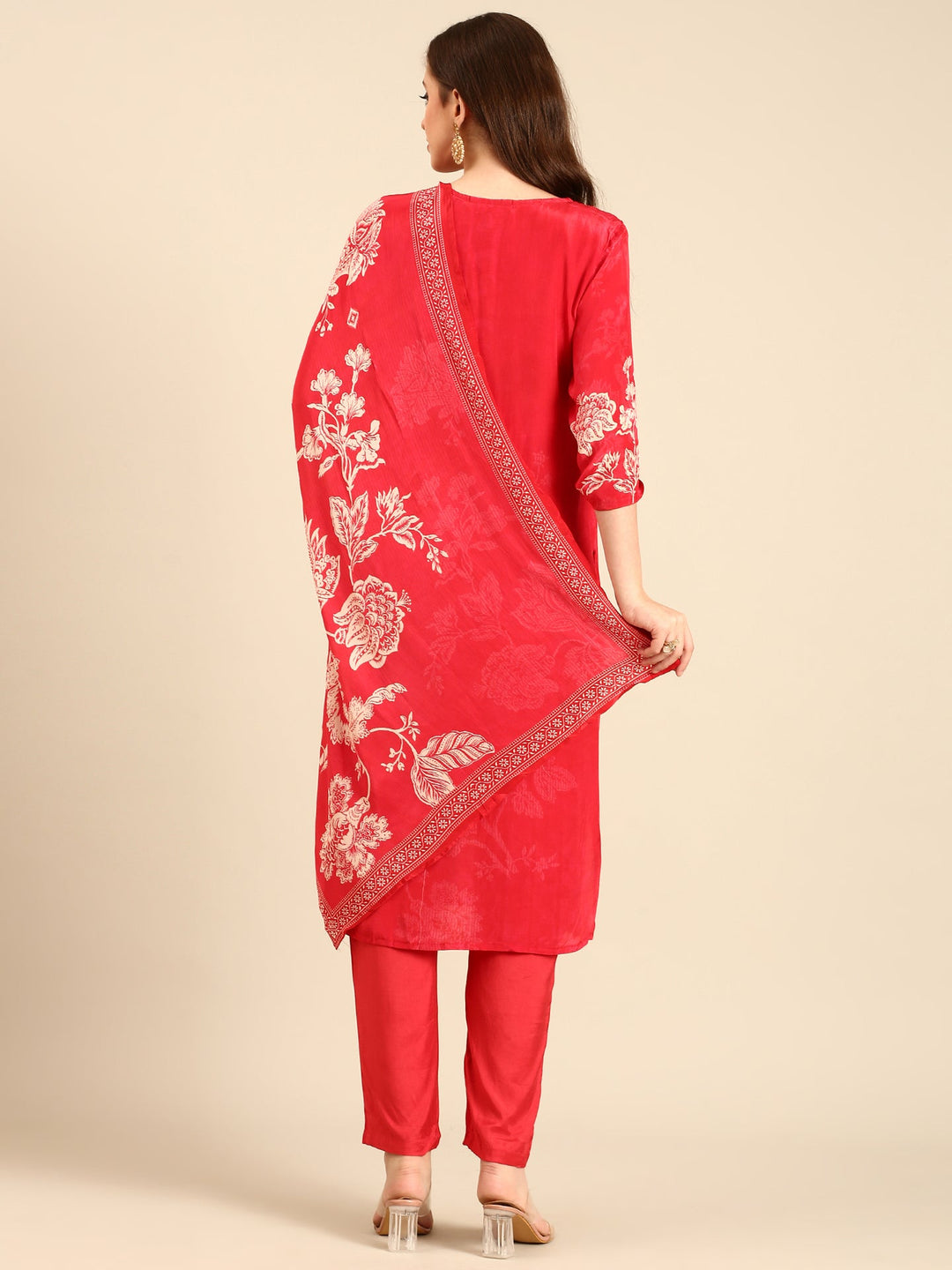 Neerus Red crepe embellished floral suit set - detail view 1