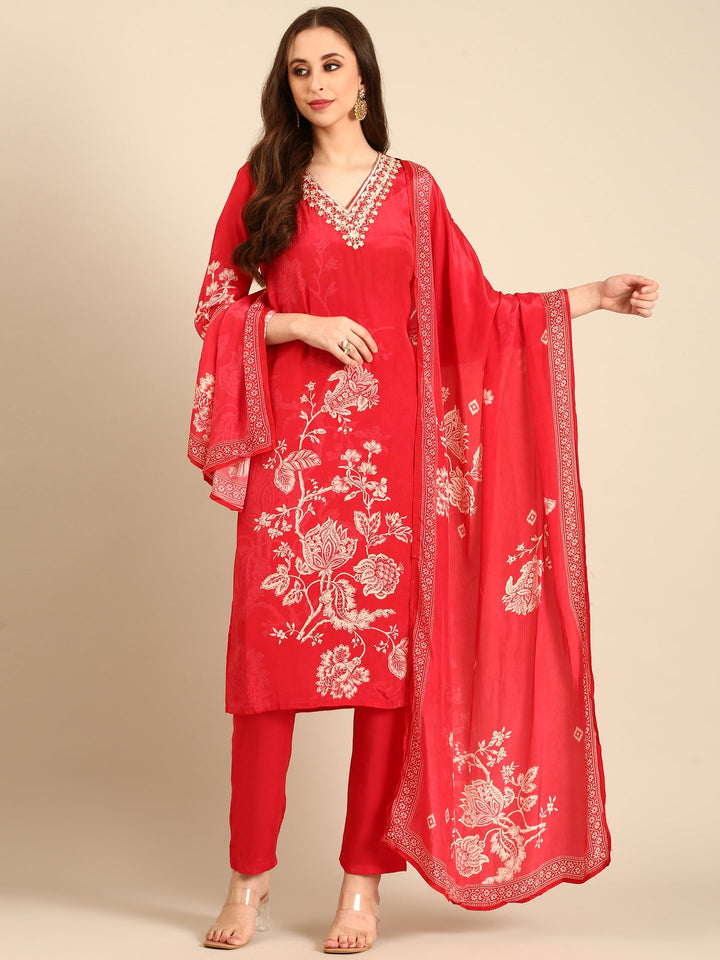 Neerus Red crepe embellished floral suit set - front view