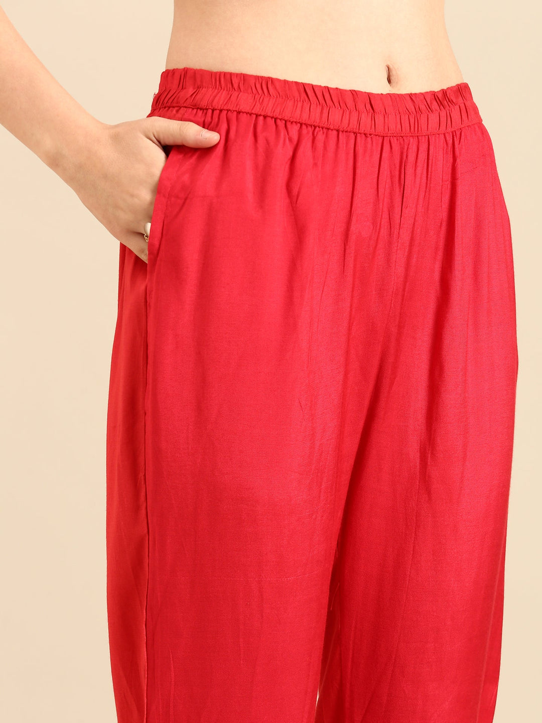 Neerus Red crepe embellished floral suit set - detail view 4