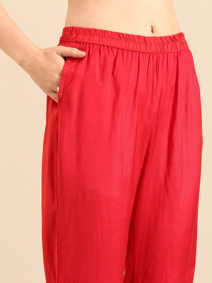 Neerus Red crepe embellished floral suit set - detail view 4