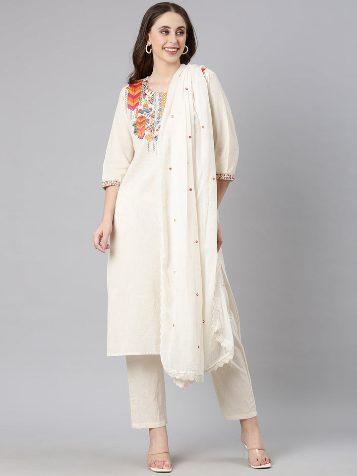 Neerus Off white Embroidered Straight Kurta and Trousers With Dupatta