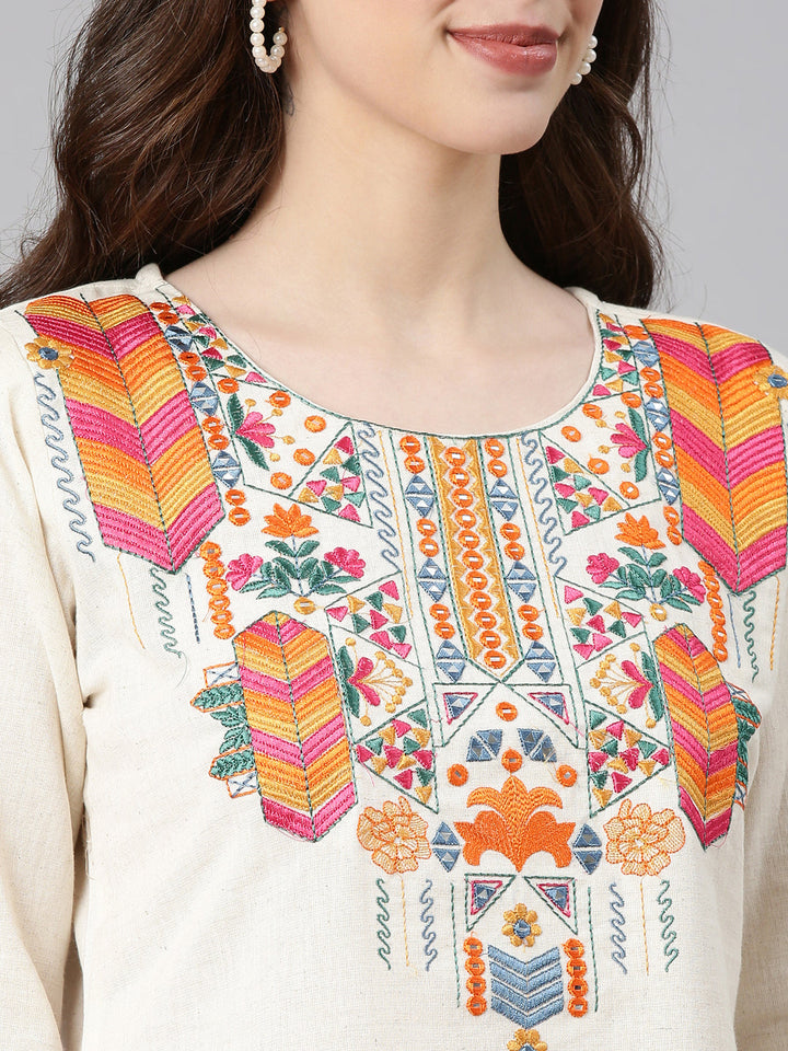Neerus Off white Embroidered Straight Kurta and Trousers With Dupatta