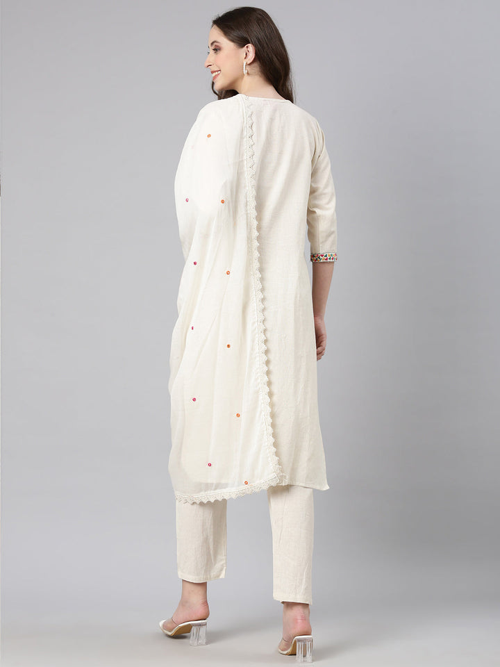 Neerus Off white Embroidered Straight Kurta and Trousers With Dupatta