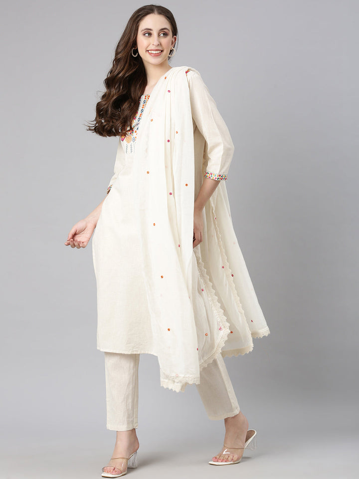 Neerus Off white Embroidered Straight Kurta and Trousers With Dupatta