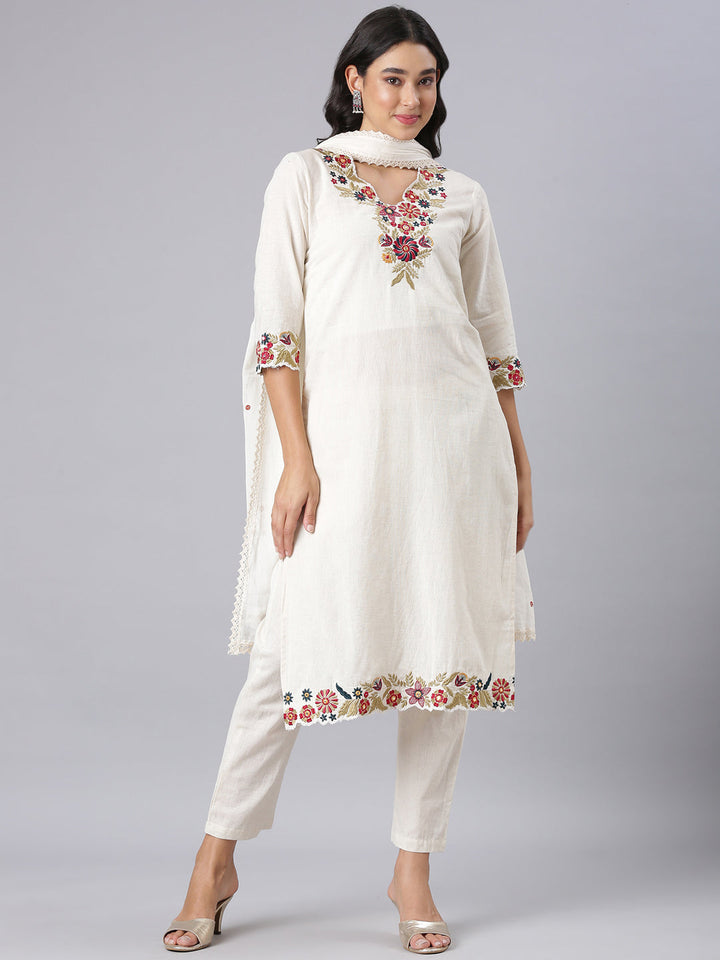 Neerus Off White Embroidered Straight Kurta And Trousers With Dupatta