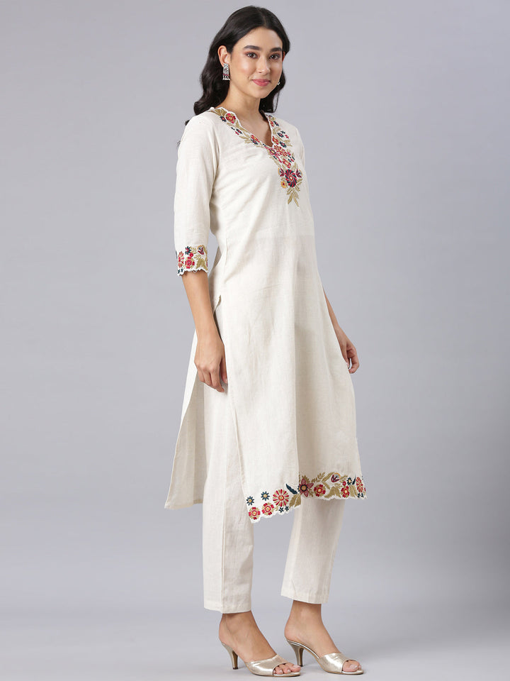 Neerus Off White Embroidered Straight Kurta And Trousers With Dupatta