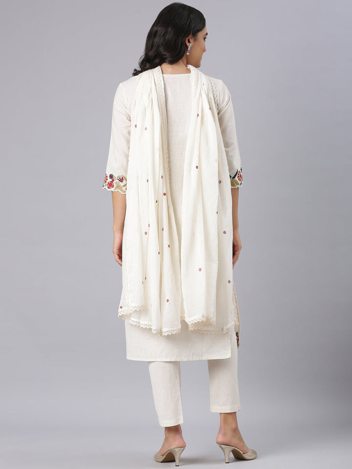 Neerus Off White Embroidered Straight Kurta And Trousers With Dupatta
