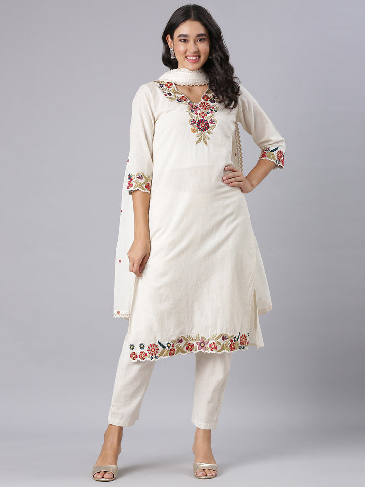 Neerus Off White Embroidered Straight Kurta And Trousers With Dupatta