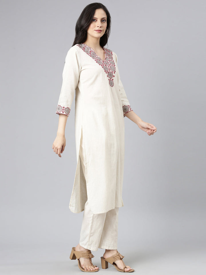 Neerus Off White Solid Straight Kurta and Trousers With Dupatta
