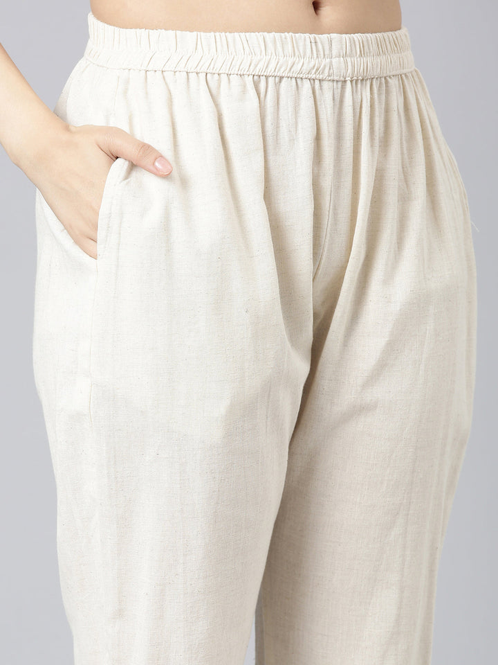 Neerus Off White Solid Straight Kurta and Trousers With Dupatta