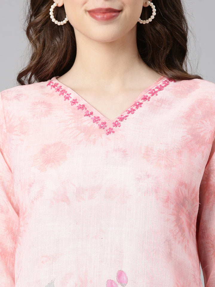 Neerus Peach Printed Straight Kurta and Trousers With Dupatta