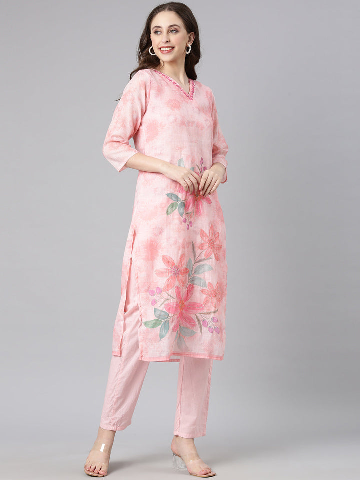 Neerus Peach Printed Straight Kurta and Trousers With Dupatta