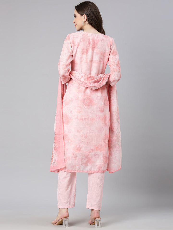 Neerus Peach Printed Straight Kurta and Trousers With Dupatta