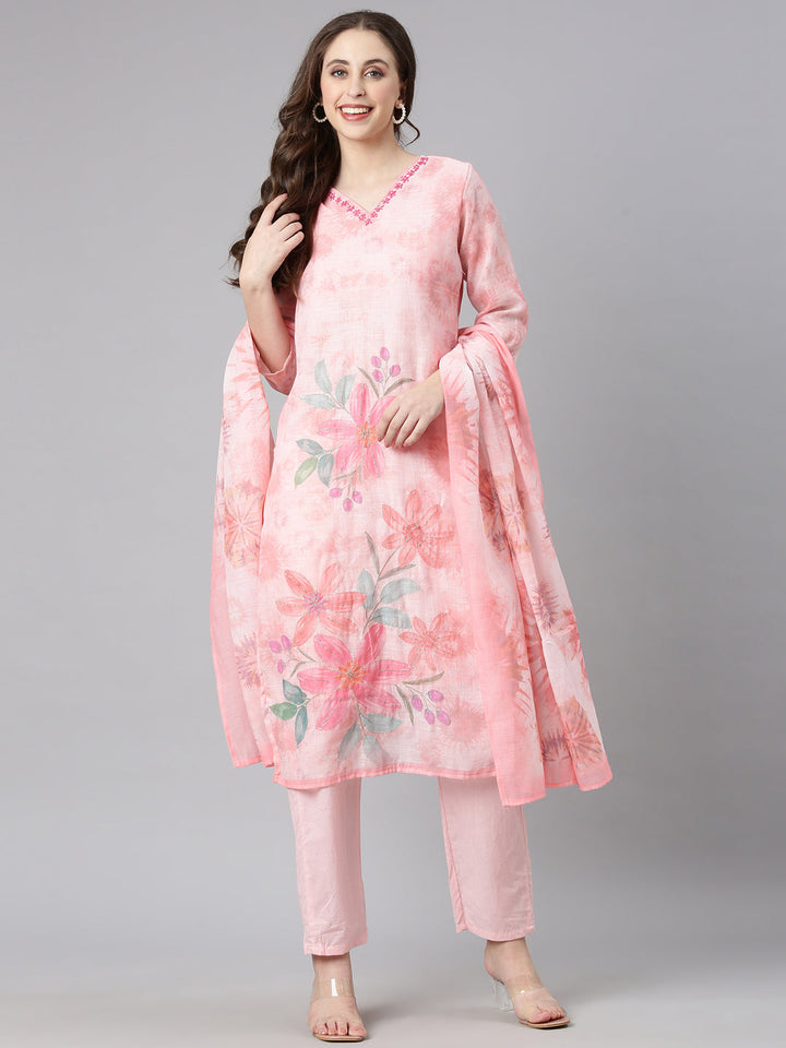 Neerus Peach Printed Straight Kurta and Trousers With Dupatta