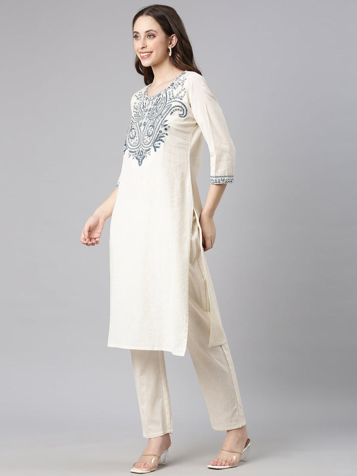 Neerus Off white Embroidered Straight Kurta and Trousers With Dupatta