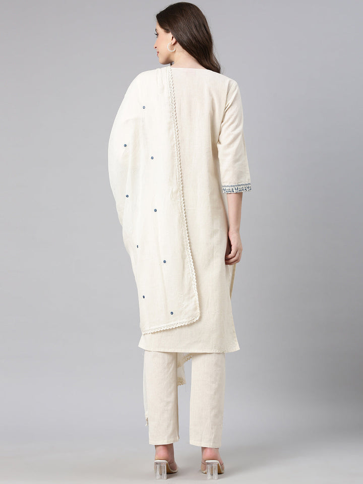 Neerus Off white Embroidered Straight Kurta and Trousers With Dupatta