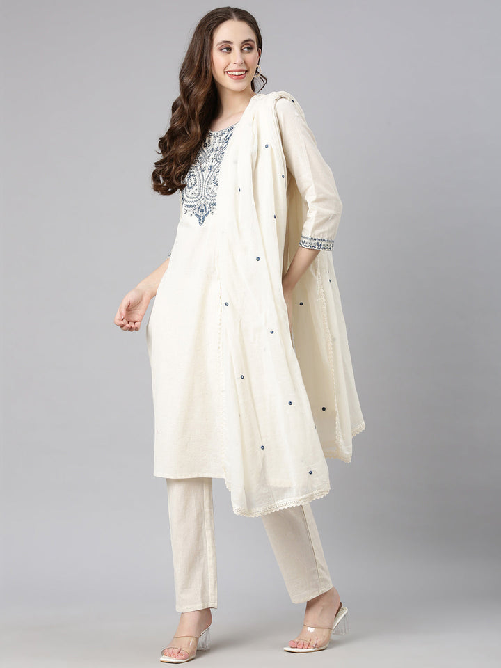 Neerus Off white Embroidered Straight Kurta and Trousers With Dupatta