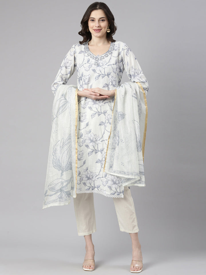 Neerus Grey Printed Straight Kurta and Trousers With Dupatta