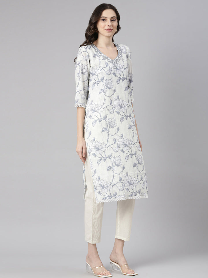 Neerus Grey Printed Straight Kurta and Trousers With Dupatta
