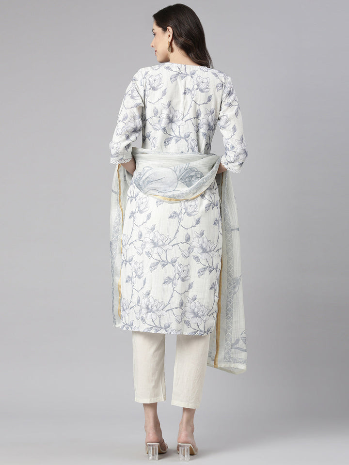 Neerus Grey Printed Straight Kurta and Trousers With Dupatta