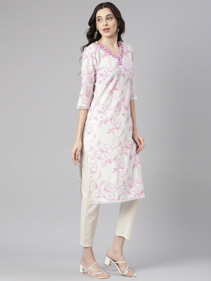 Neerus Lavender Printed Straight Kurta and Trousers With Dupatta